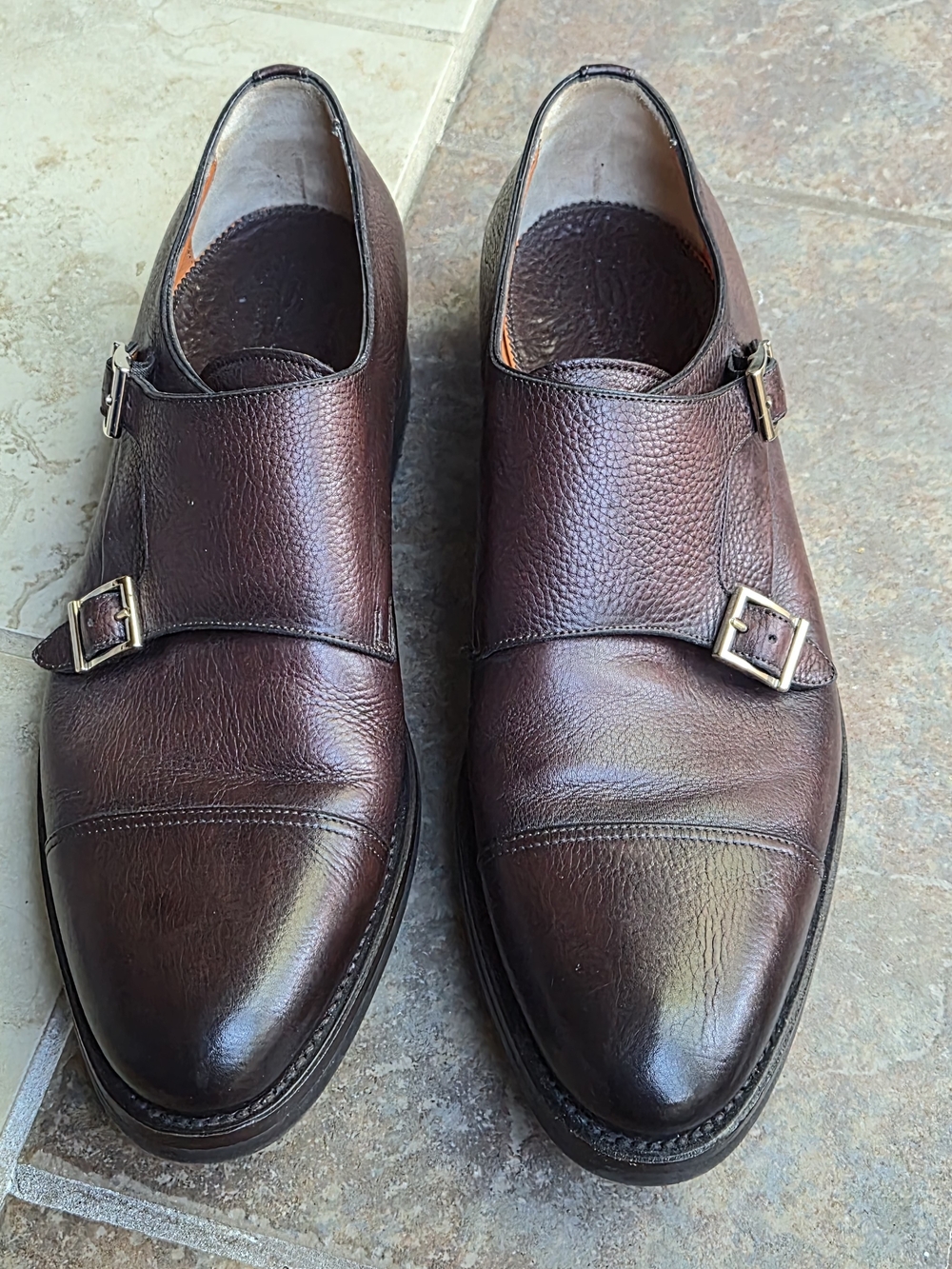 Santoni Goodyear Welted Double Monk Strap Shoes Brown Pebble Grain